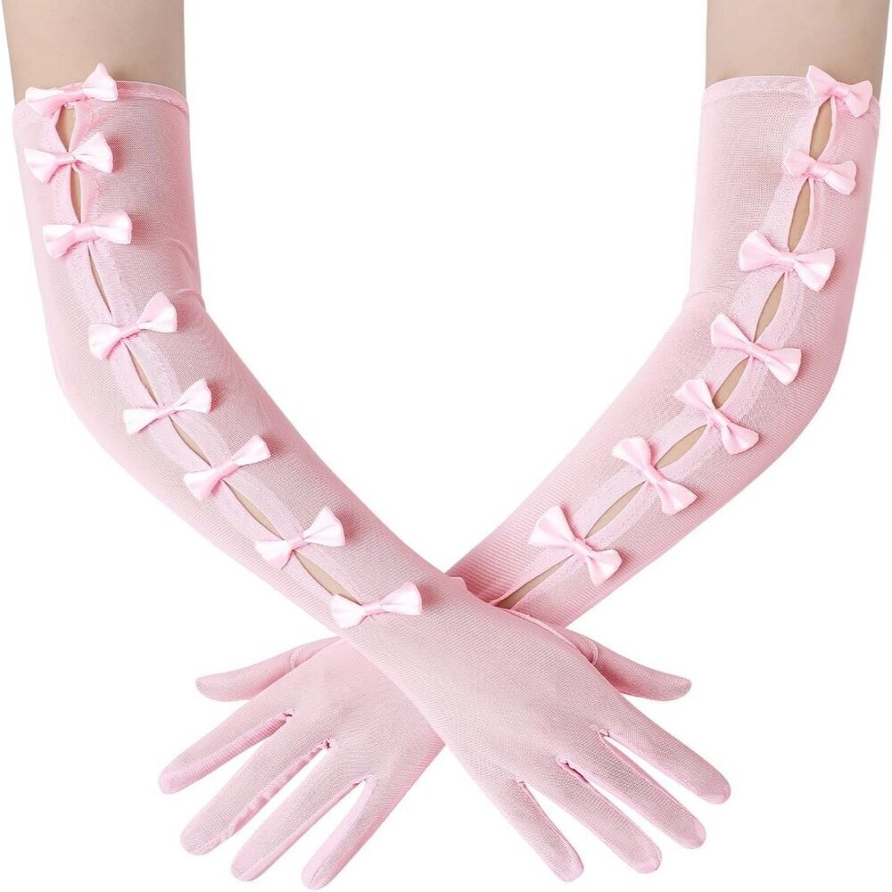Women's Princess Pink Long Sleeves Gloves Bow Lace Mesh Tulle Party Prom